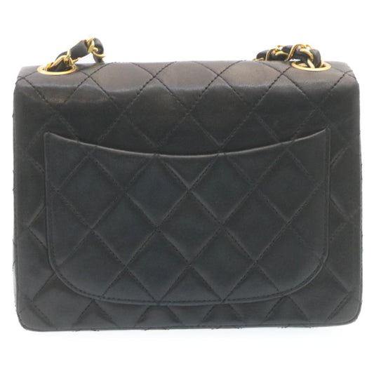 CHANEL Mini Matelasse Chain Flap Shoulder Bag Lamb Skin Black Gold Auth 28471A