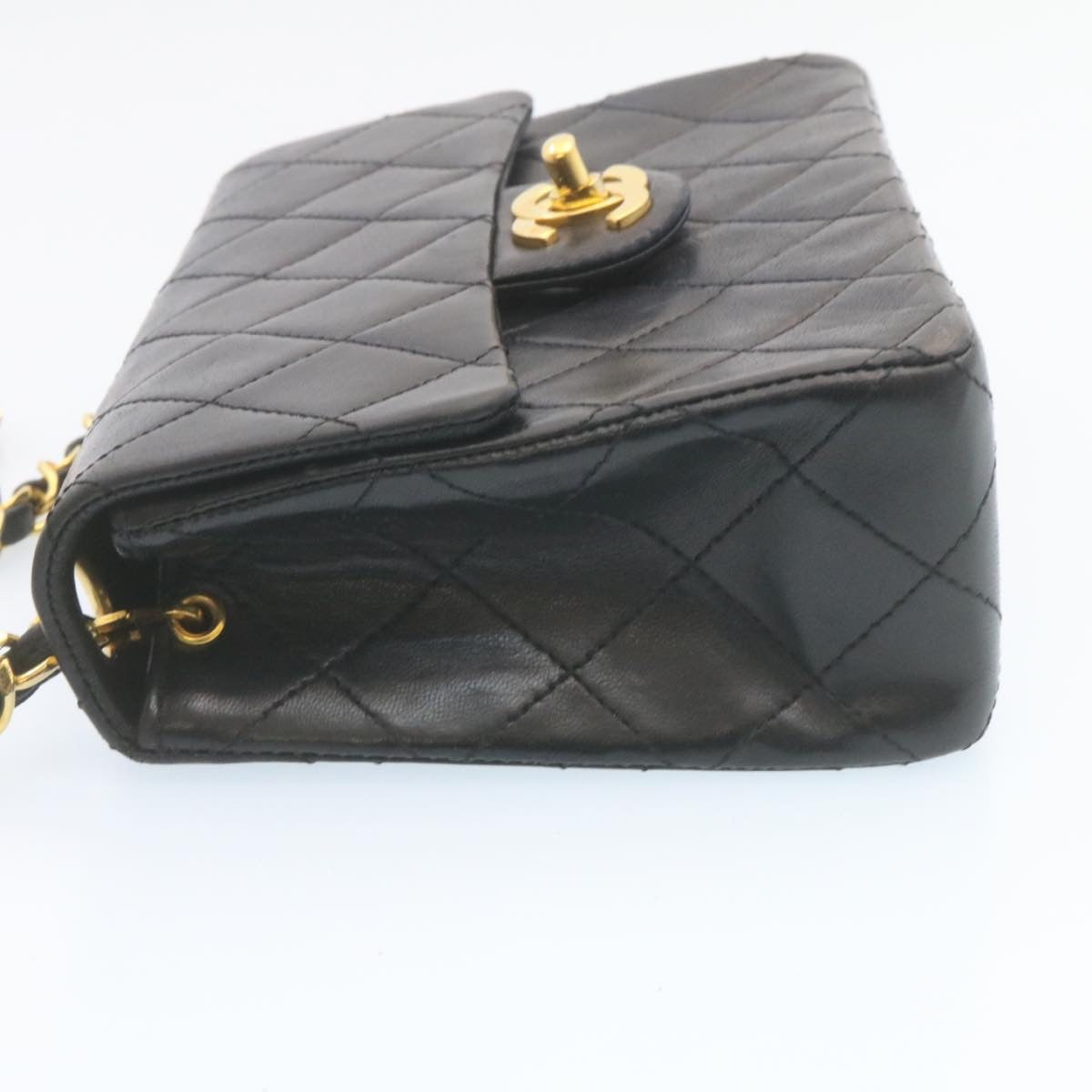 Top Quality Chanel Mini Matelasse Chain New Shoulder Bag Lamb Skin Black Gold Auth 28471A