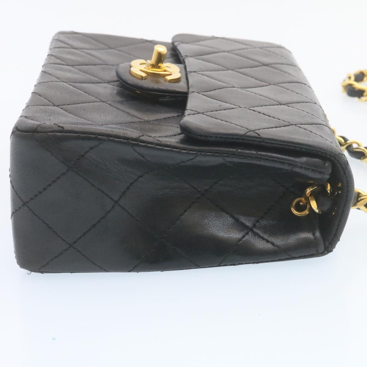 Top Quality Chanel Mini Matelasse Chain New Shoulder Bag Lamb Skin Black Gold Auth 28471A