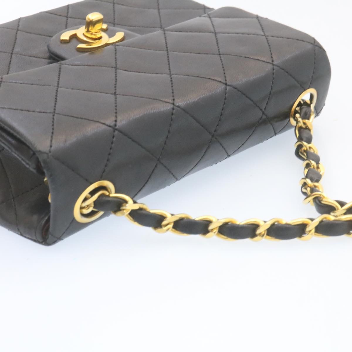 Top Quality Chanel Mini Matelasse Chain New Shoulder Bag Lamb Skin Black Gold Auth 28471A