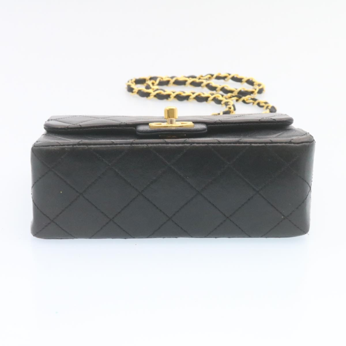 Top Quality Chanel Mini Matelasse Chain New Shoulder Bag Lamb Skin Black Gold Auth 28471A