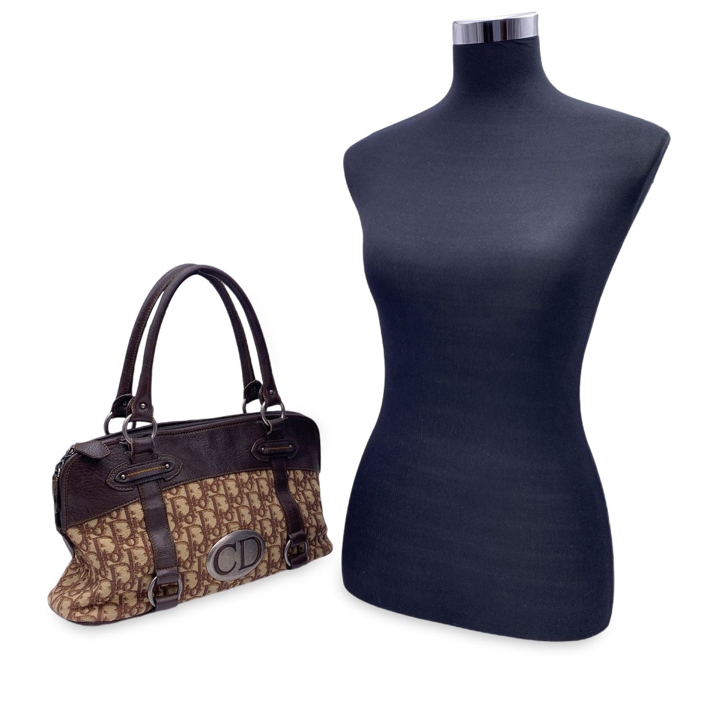 CHRISTIAN DIOR Brown Logo Oblique Canvas Satchel Shoulder Bag