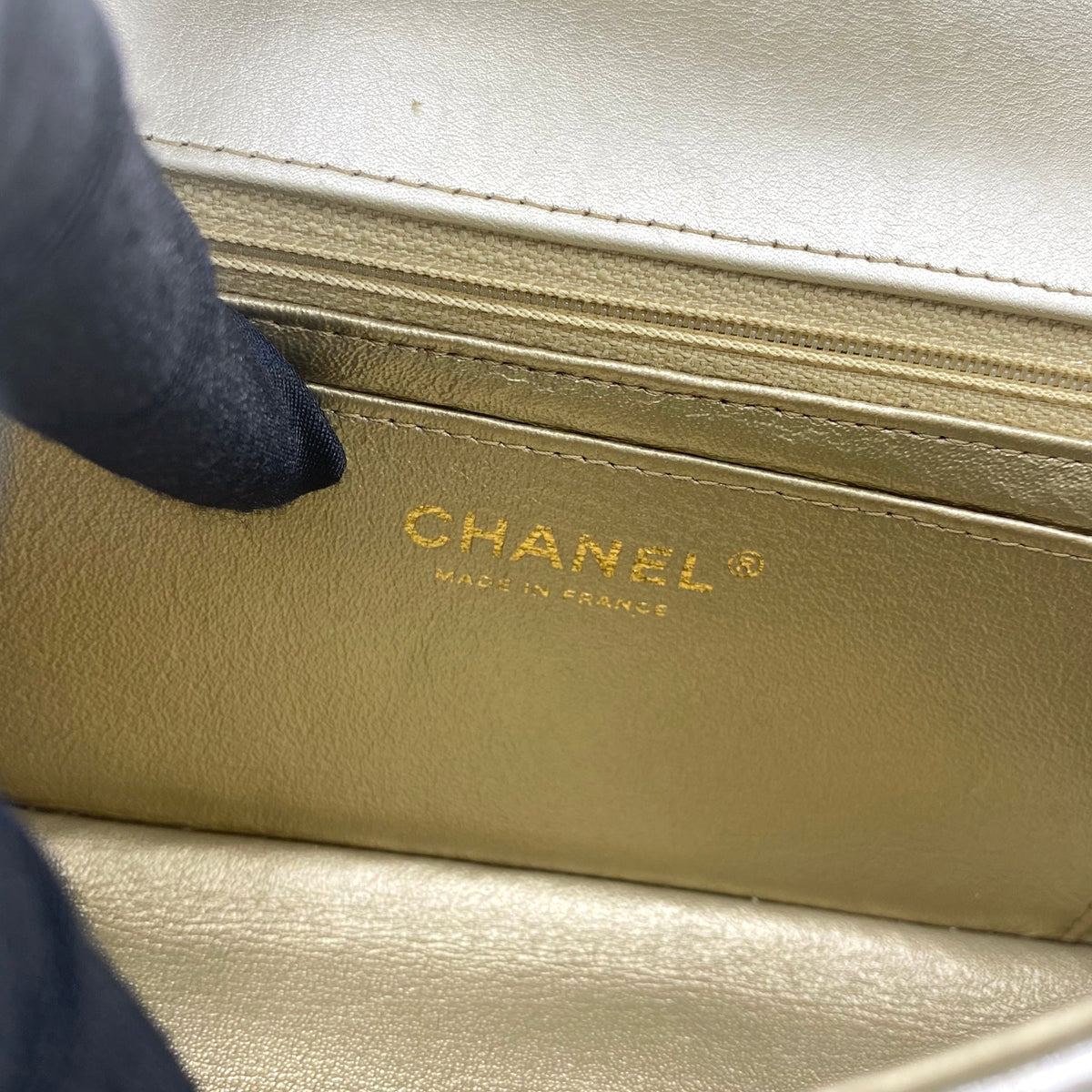 Chanel Patent Metallic Crumpled Calfskin Chevron Quilted Mini Rectangular Flap Gold