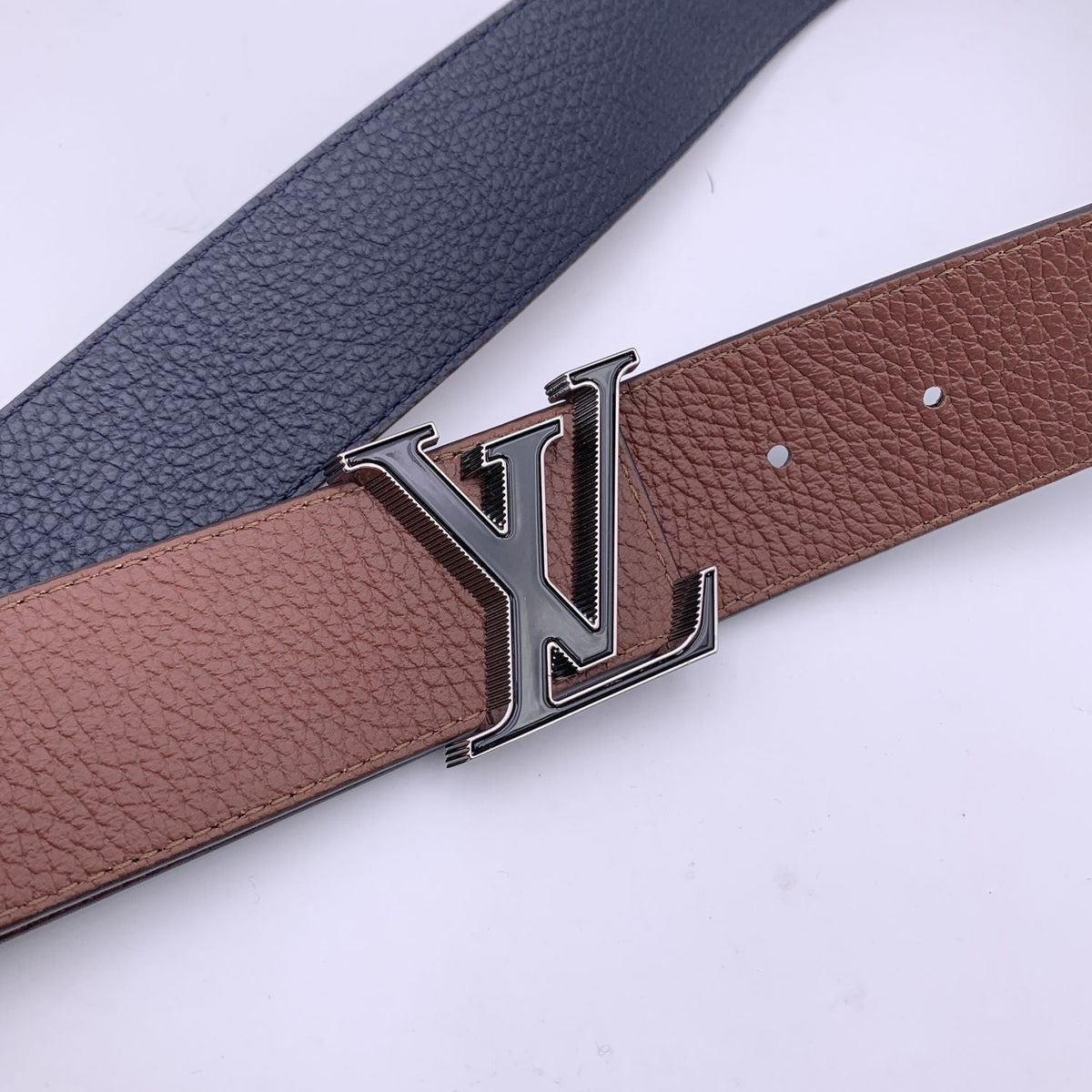 LOUIS VUITTON Reversible Blue Brown Lv Tilt Buckle Belt Size 100/40