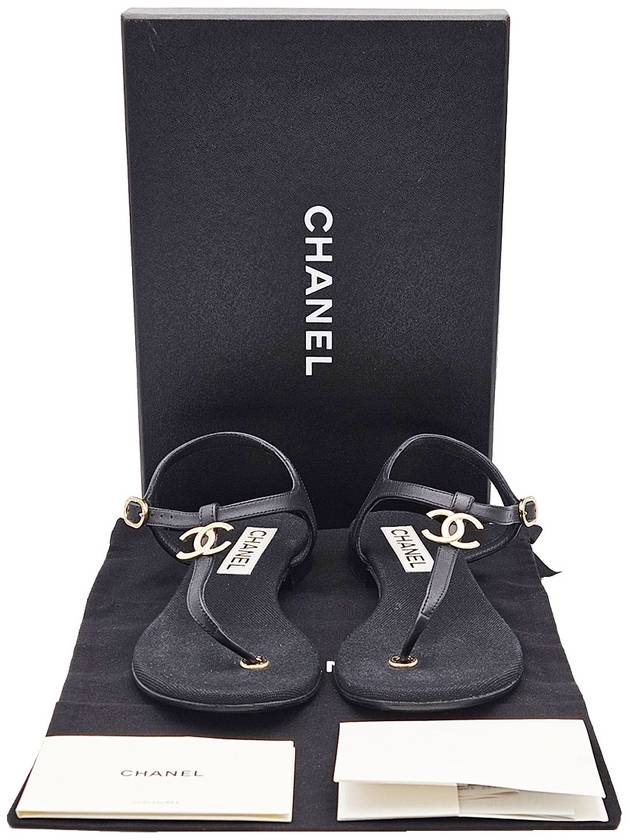 Chanel G39627 Black Lambskin CC Logo T Strap Sandals 37 5 Chanel