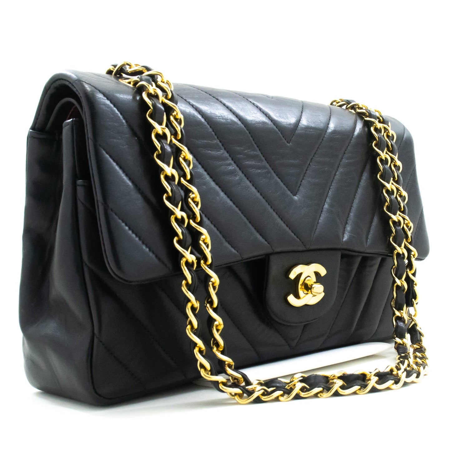 CHANEL V-Stitch Double Flap 10" Chain Shoulder Bag Black Lambskin