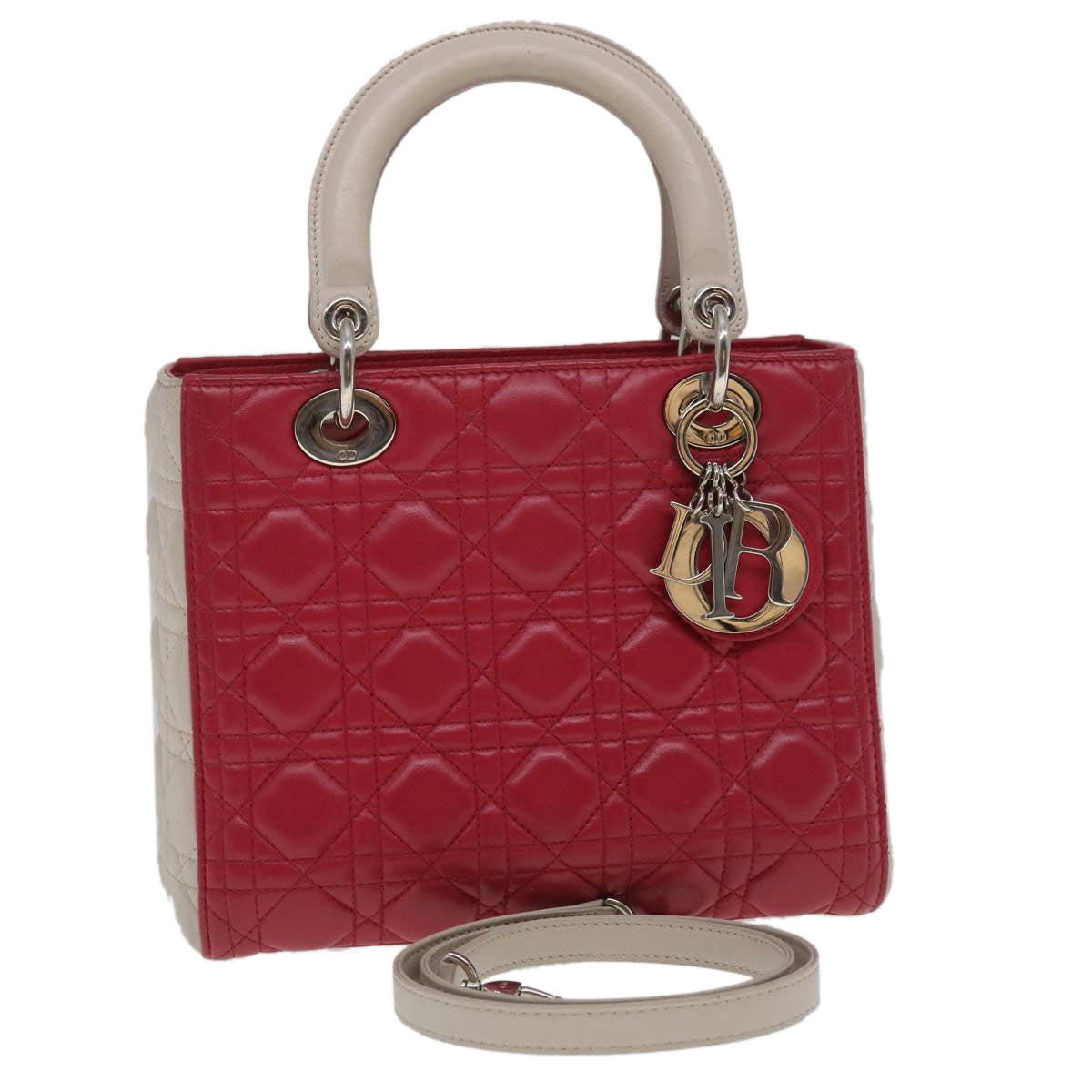 CHRISTIAN DIOR Lady Dior Cannage Medium Hand Bag Lamb Skin Red White Auth 29502A