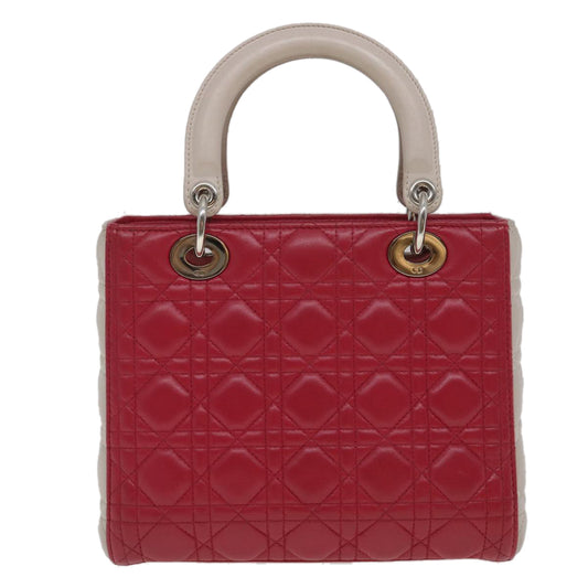 CHRISTIAN DIOR Lady Dior Cannage Medium Hand Bag Lamb Skin Red White Auth 29502A