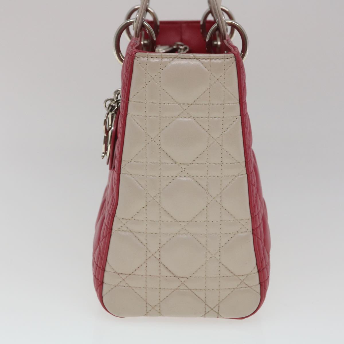 CHRISTIAN DIOR Lady Dior Cannage Medium Hand Bag Lamb Skin Red White Auth 29502A