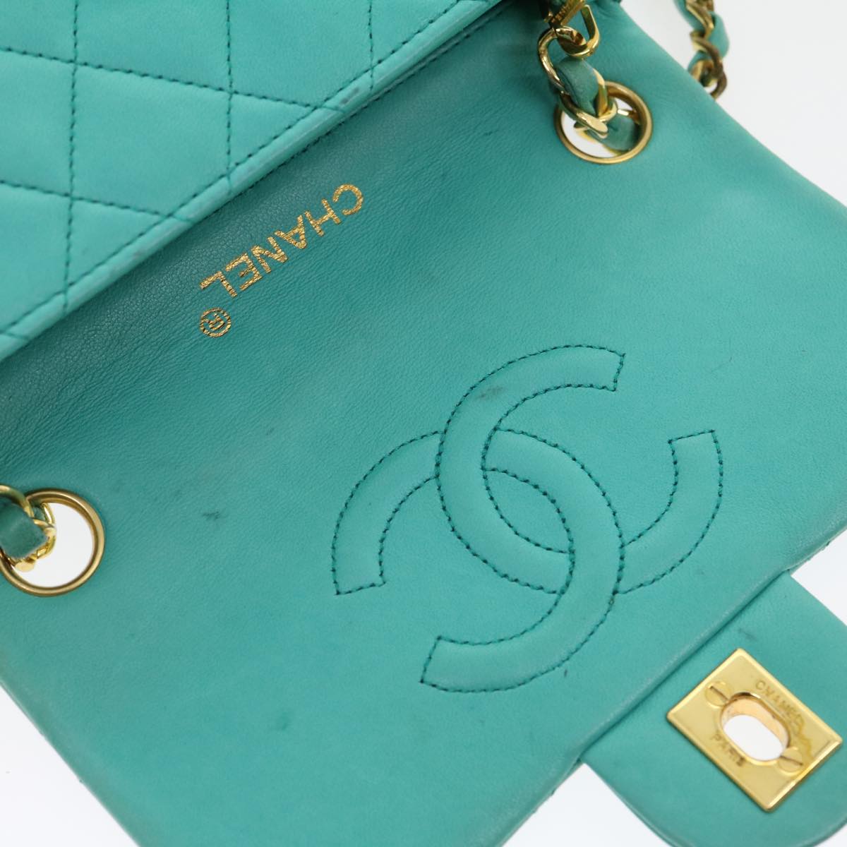 Top Quality Chanel Mini Matelasse New Chain Shoulder Bag Lamb Skin Light Blue Auth 29527A