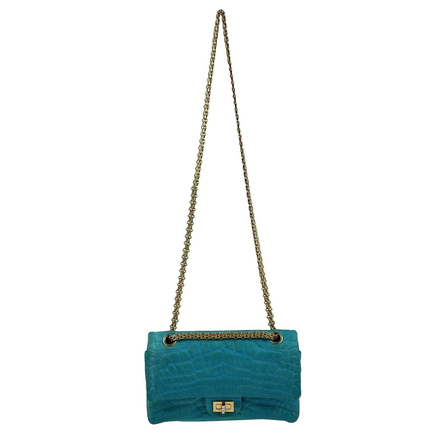 CHANEL - Reissue Small 2.55 Satin Crocodile Stitche - Turquoise / Gold Crossbody