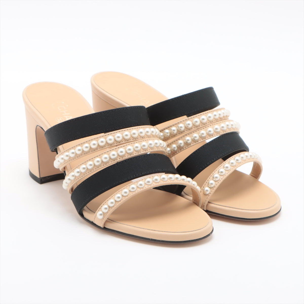 Chanel Cocomark Leather X Fabric Sandal 35C Lady Beige X Black G35381 Pearl Mould Sandal Storage Bag With Allu Happy Market Store