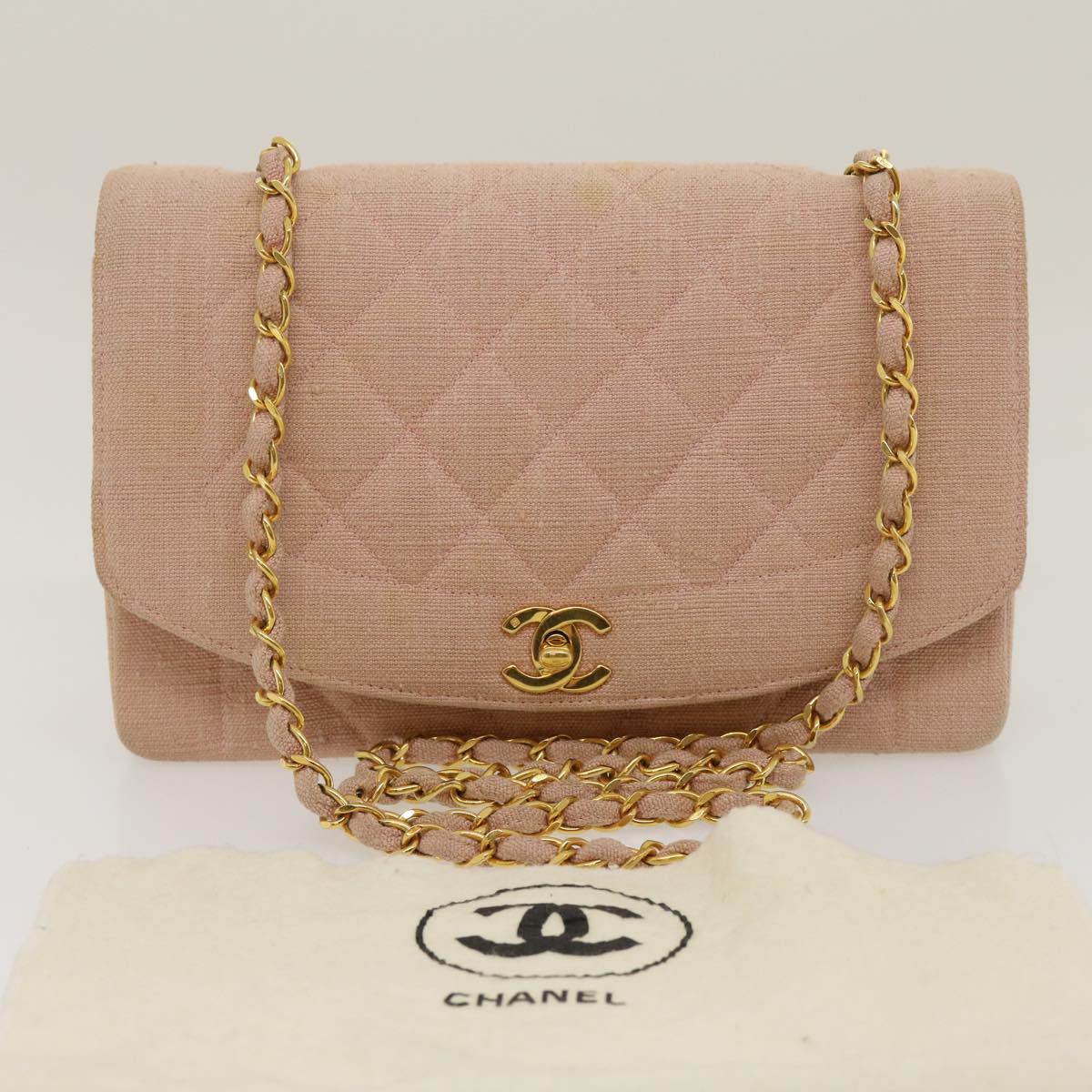 Top Quality Chanel Matelasse Turn Lock Chain Diana Shoulder Bag Canvas Pink CC Auth 29889A