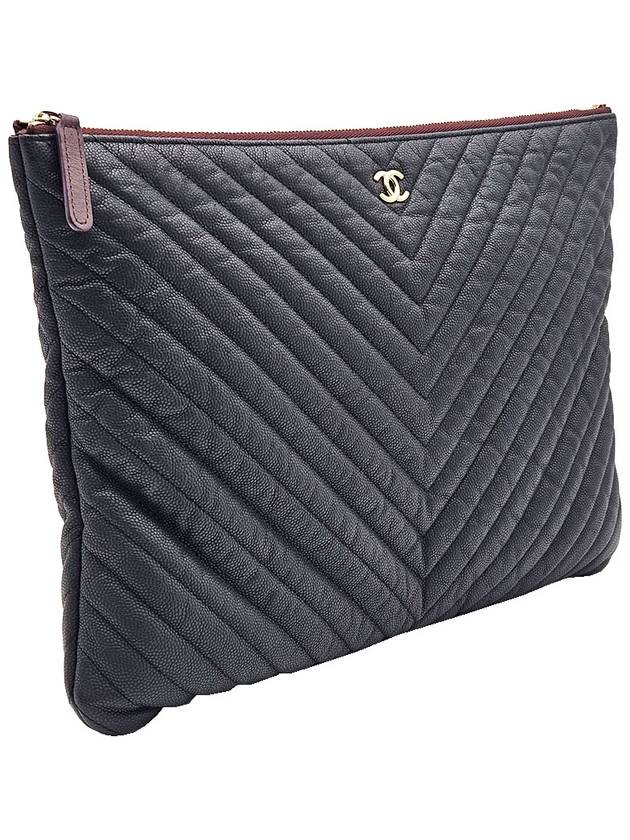 Chanel A82552 Black Caviar Chevron Gold Plated CC Logo Classic Large Pouch Clutch 27th Chanel
