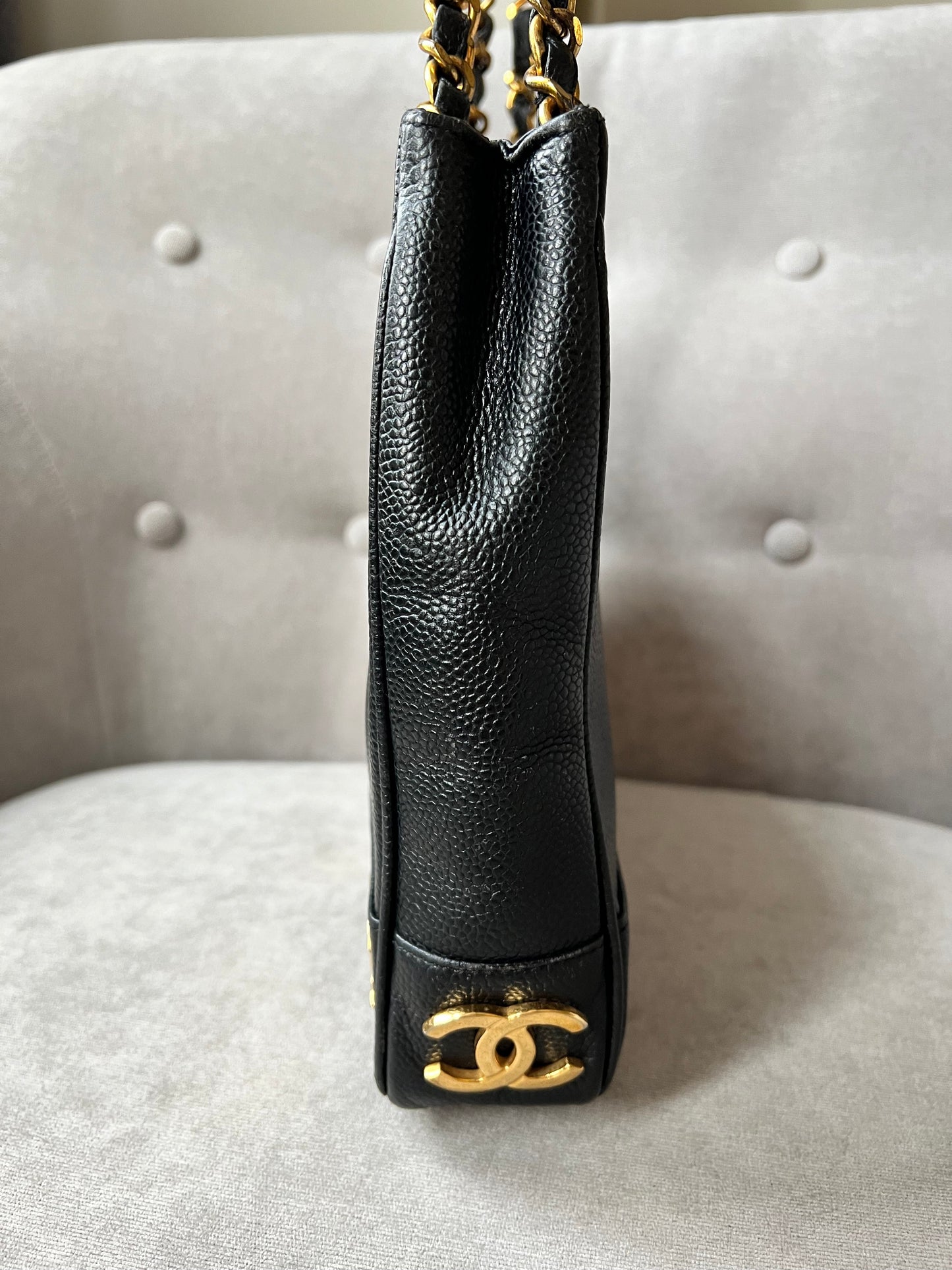 Chanel Vintage Black Caviar Chain Tote with 24k Gold Hardware