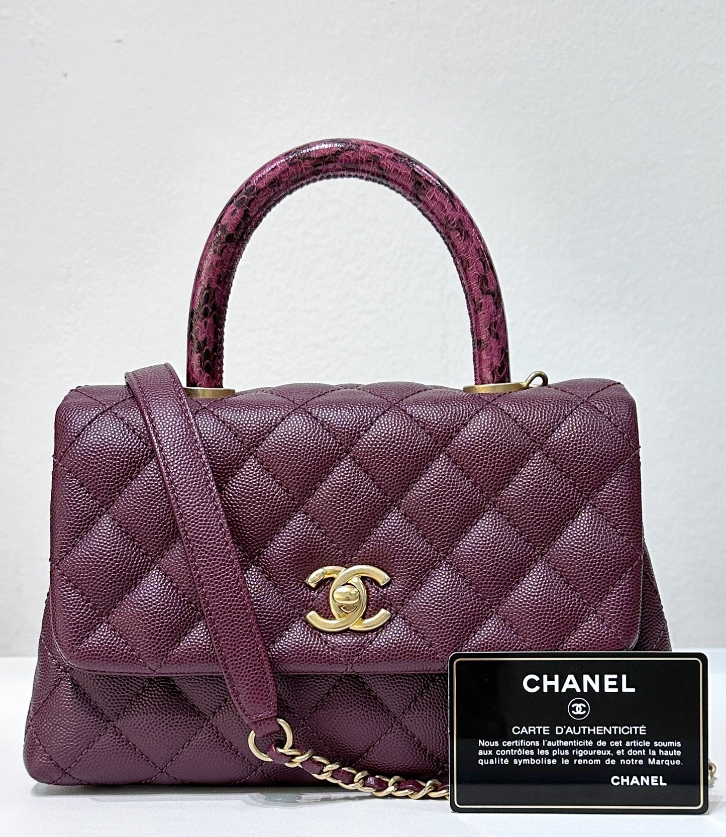 Chanel Small Coco Handle Elaphe Leather Handle Burgundy