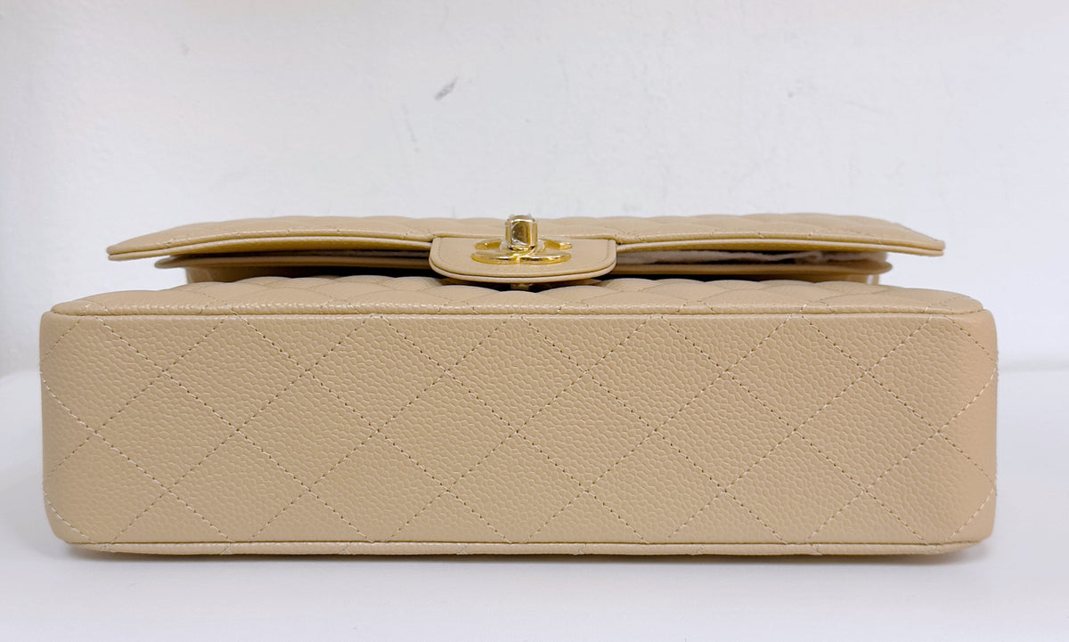 Chanel Medium Beige Classic Caviar Double Flap Bag GHW Microchip Singapore local Receipt