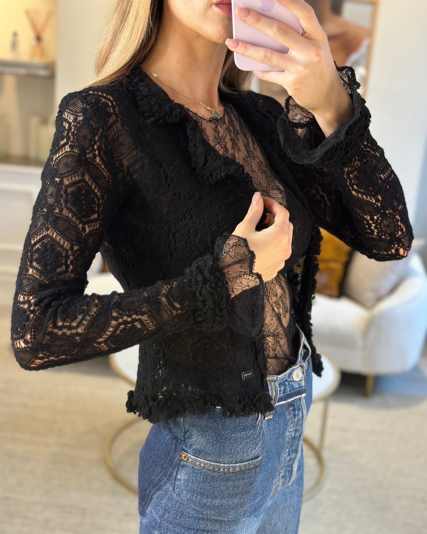 Chanel Black Lace Cardigan and Sleeveless Tank Top Set Size FR 38 (UK 10)