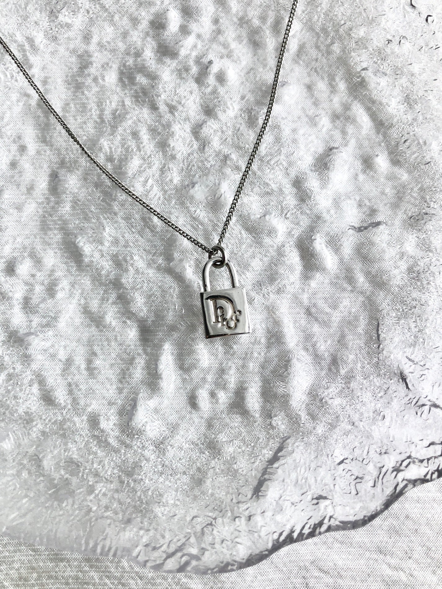 Christian Dior Logo Motif Padlock Necklace Silver Vintage hs3e4b