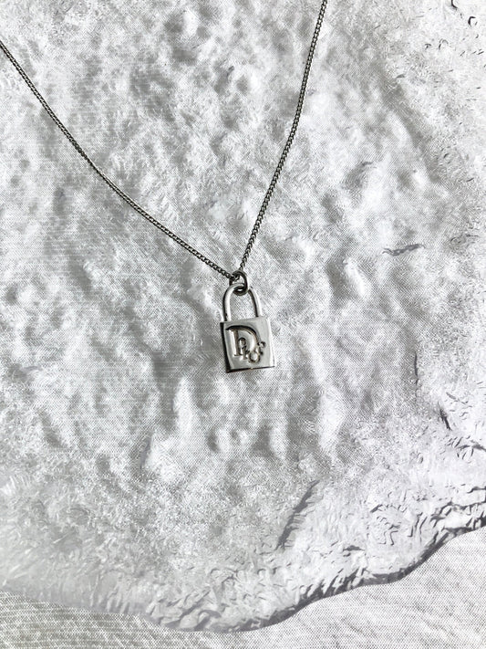 Christian Dior Logo Motif Padlock Necklace Silver Vintage hs3e4b