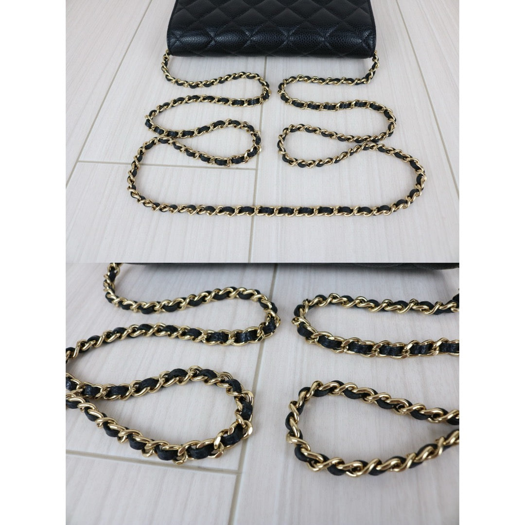Very Good ( Rank A)｜ CHANEL Matelasse Caviar Skin Chain Wallet Black Gold Hardware Made in 2018-2019 Year ｜S25021804