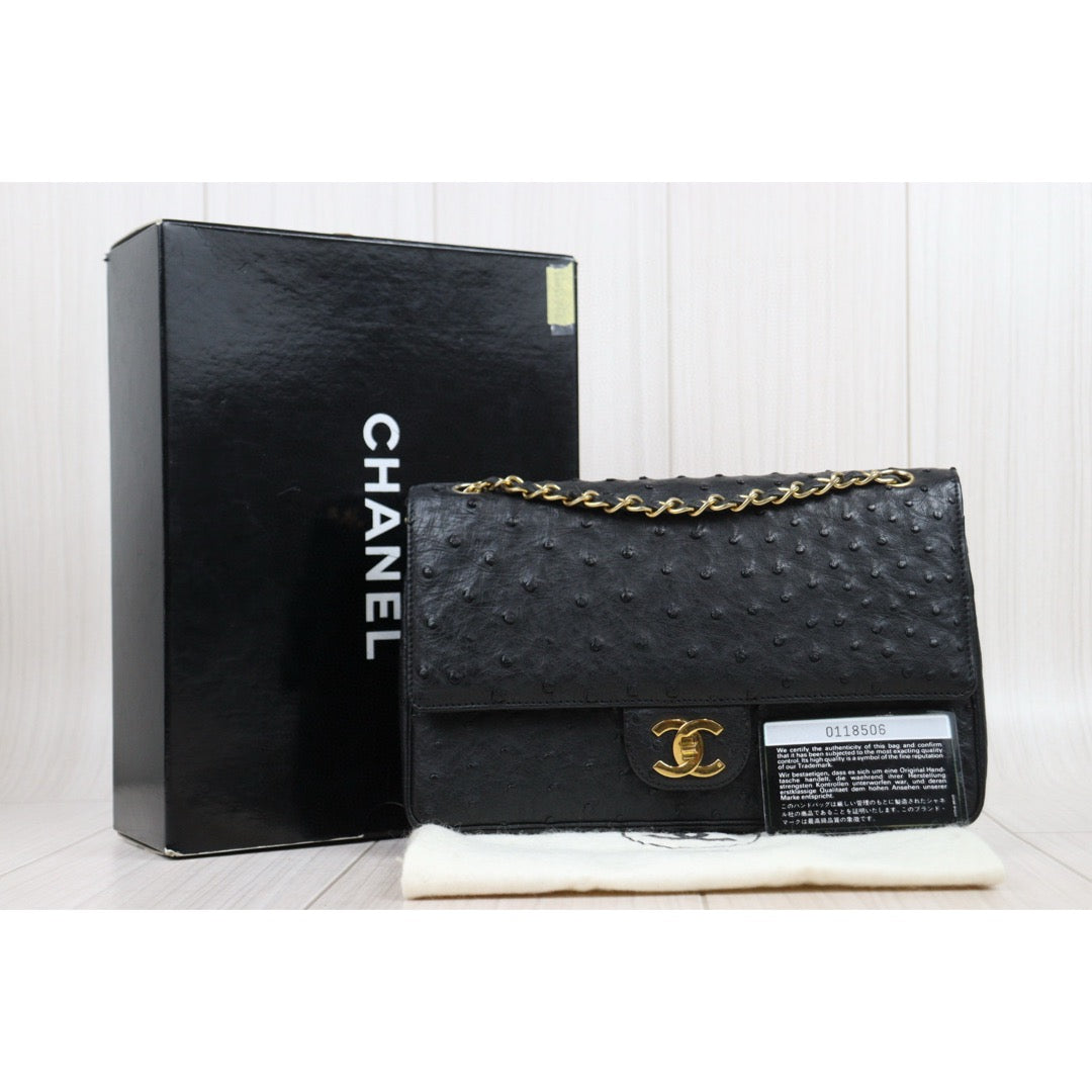 Good ( Rank AB)｜ CHANEL Ostrich Skin Double Flap 25 Chain Shoulder Bag Black Made In 1986 - 1988 Year｜25030704