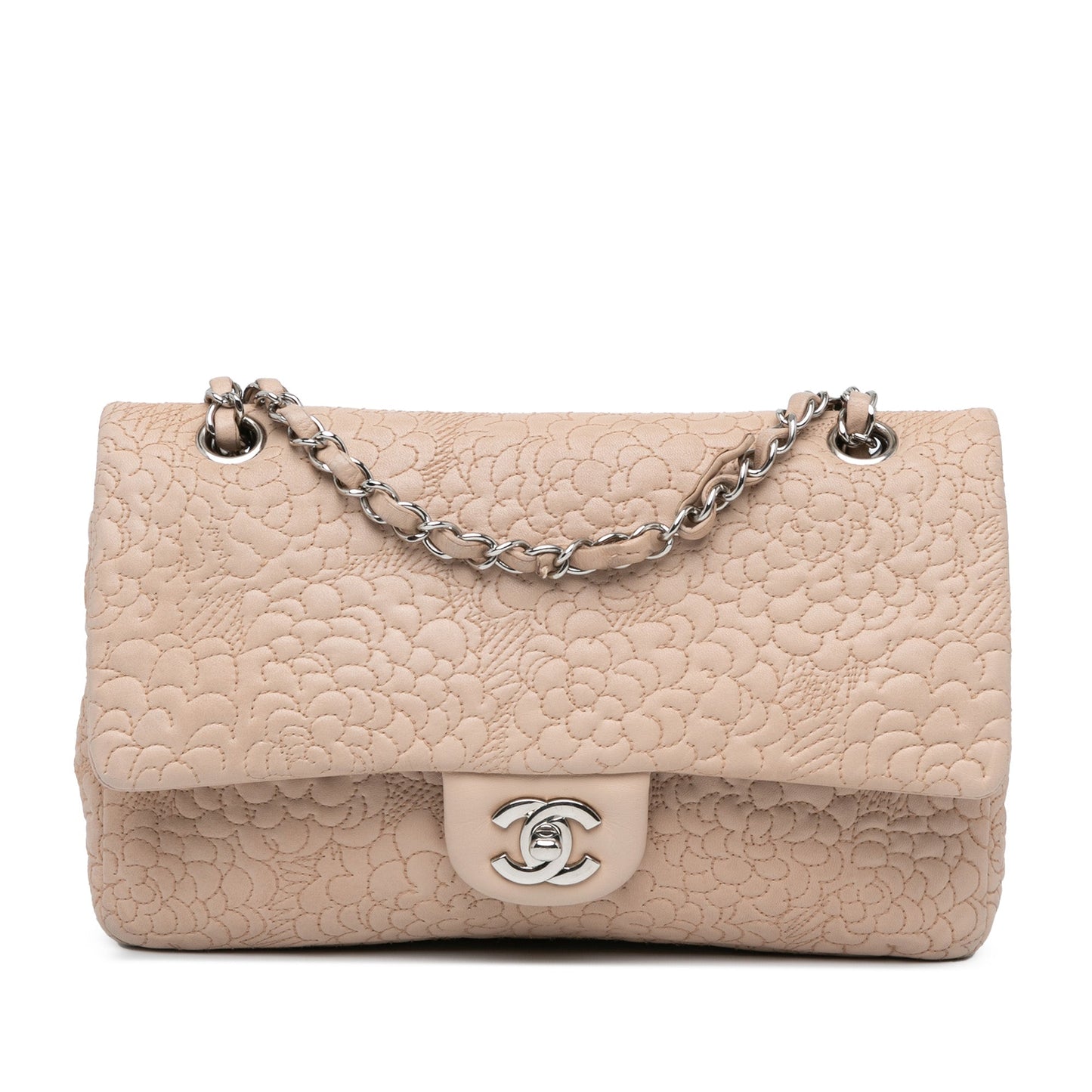 Pink Chanel Medium Lambskin Camellia Stitched Double Flap Shoulder Bag