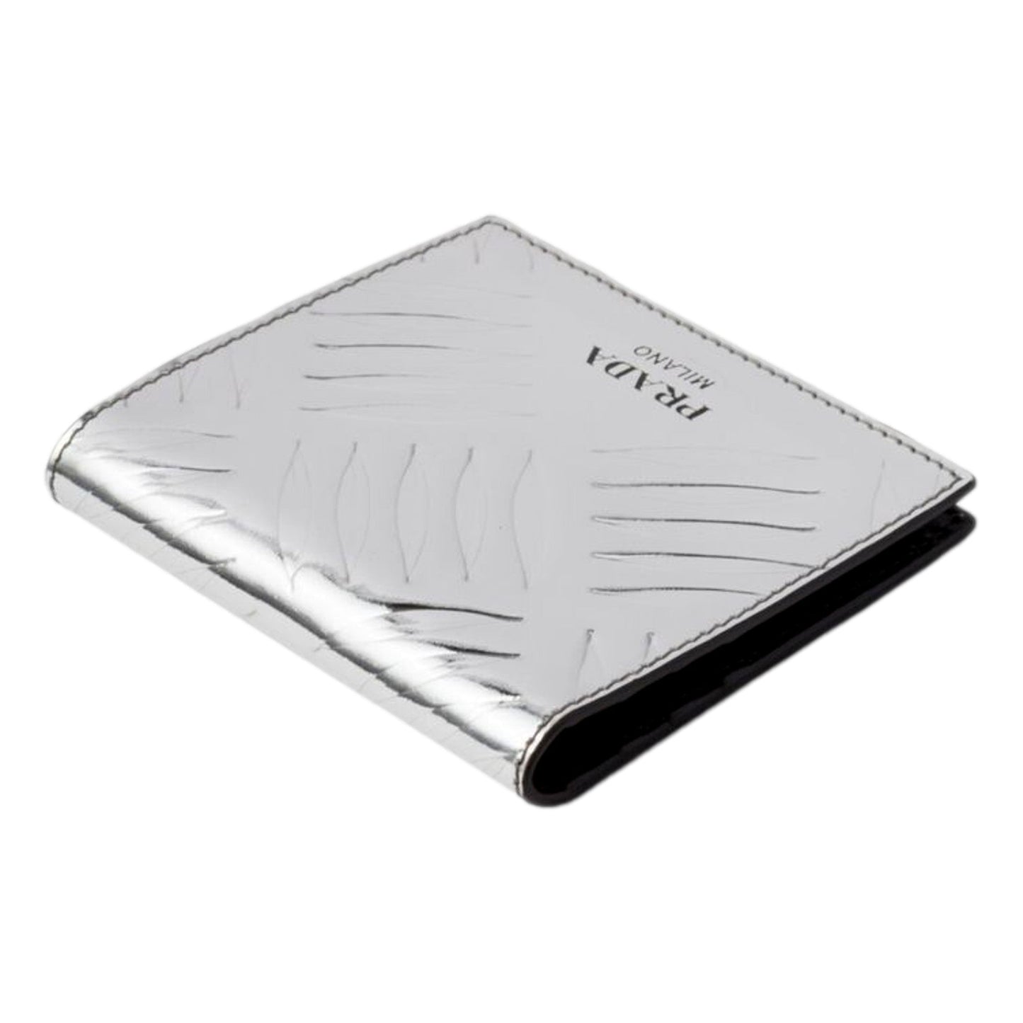 Prada Spazzolato Foldover Card Wallet Metallic Silver Embossed Leather