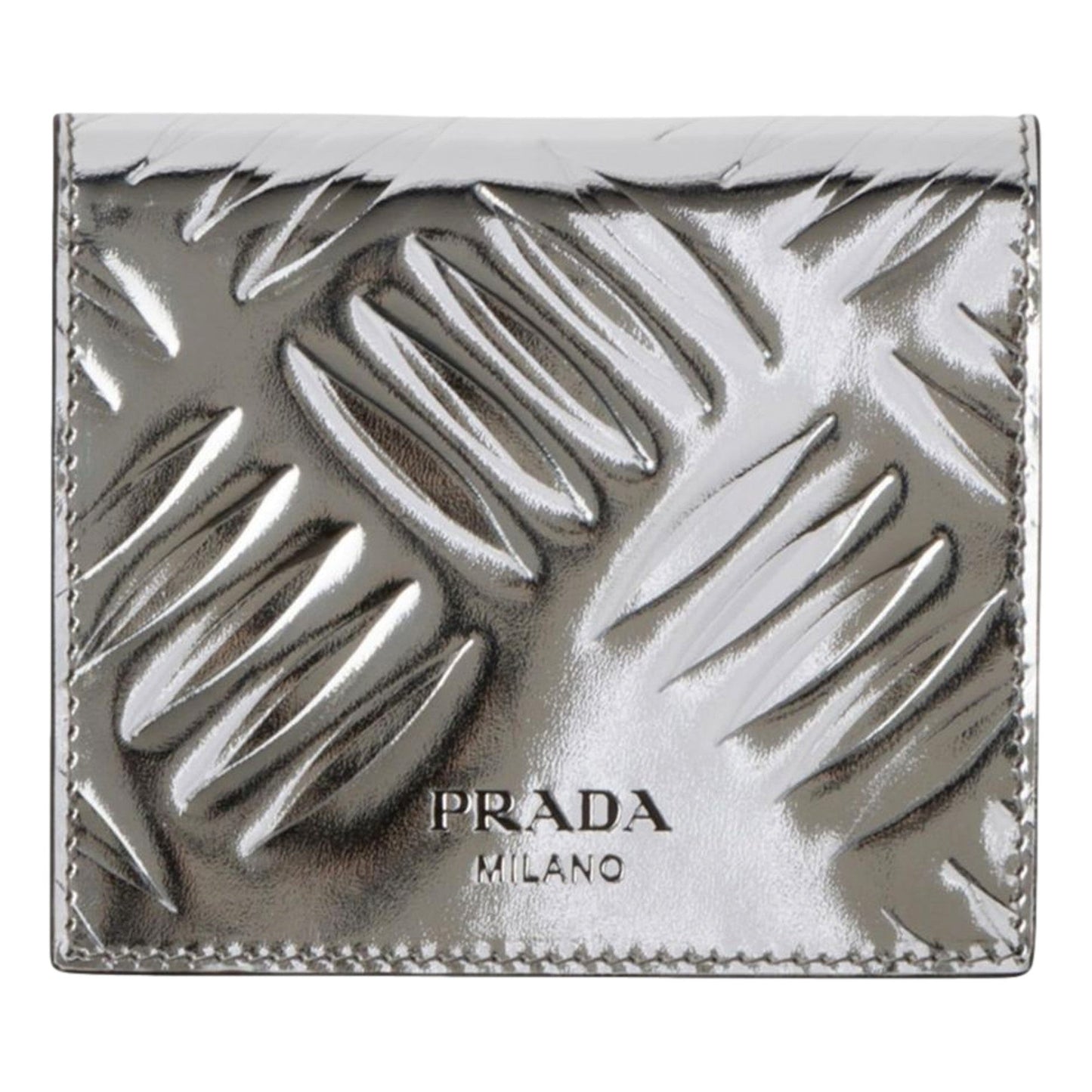 Prada Spazzolato Foldover Card Wallet Metallic Silver Embossed Leather