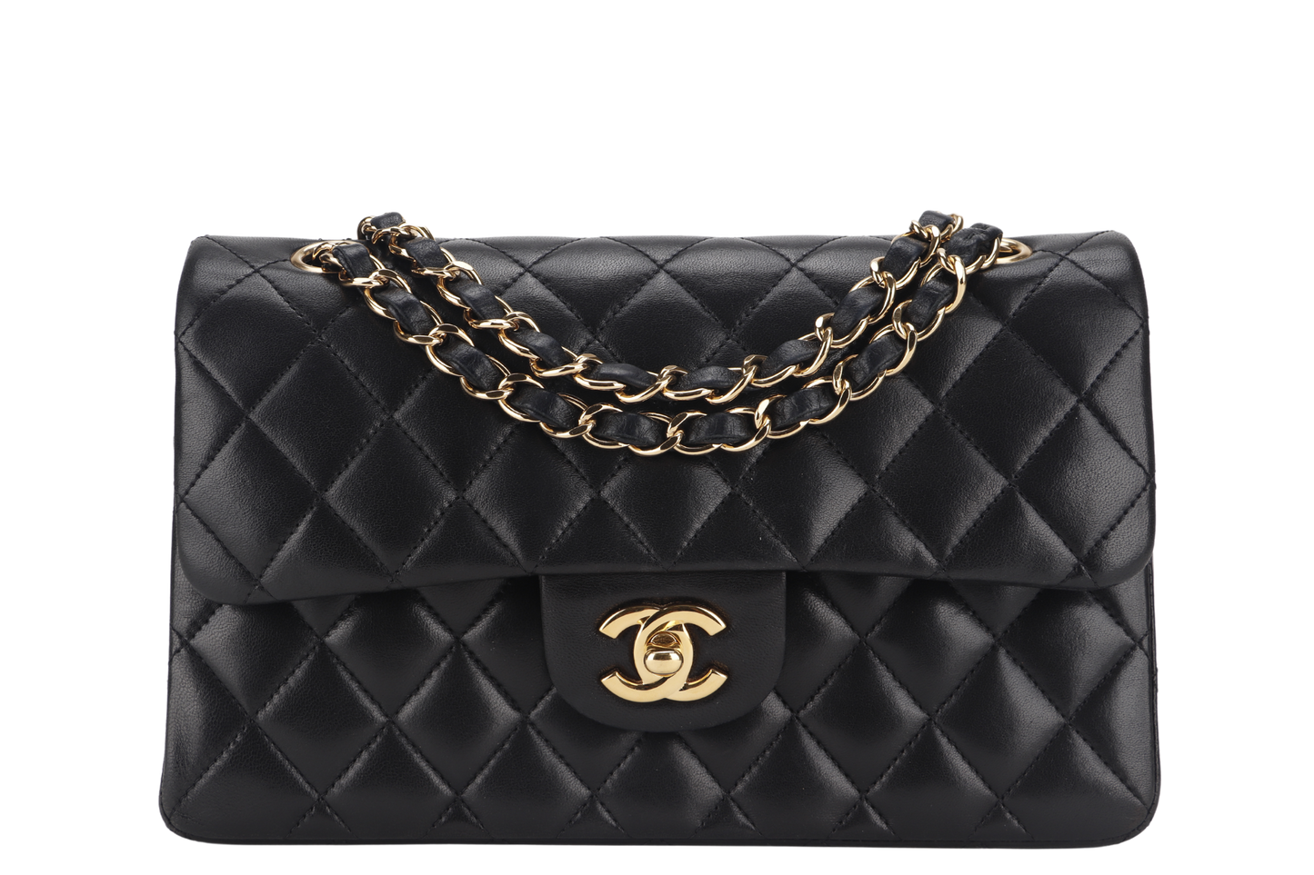 CHANEL CLASSIC FLAP SMALL BLACK LAMBSKIN & GOLD HARDWARE WITH  (1547xxxx) WITH DUST COVER AND BOX