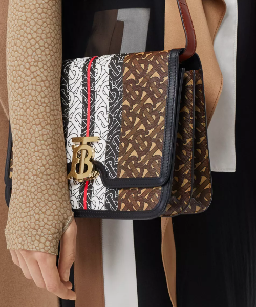 Burberry Medium Monogram Stripe E-Canvas TB Bag Bridle Brown