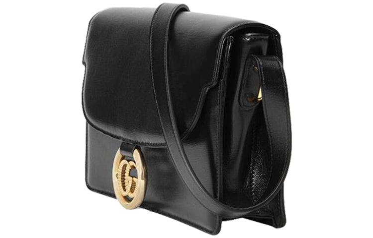 (WMNS) GUCCI GG Ring Gold Logo Leather Shoulder Messenger Bag Small Black Classic 589474-1DB0G-1000