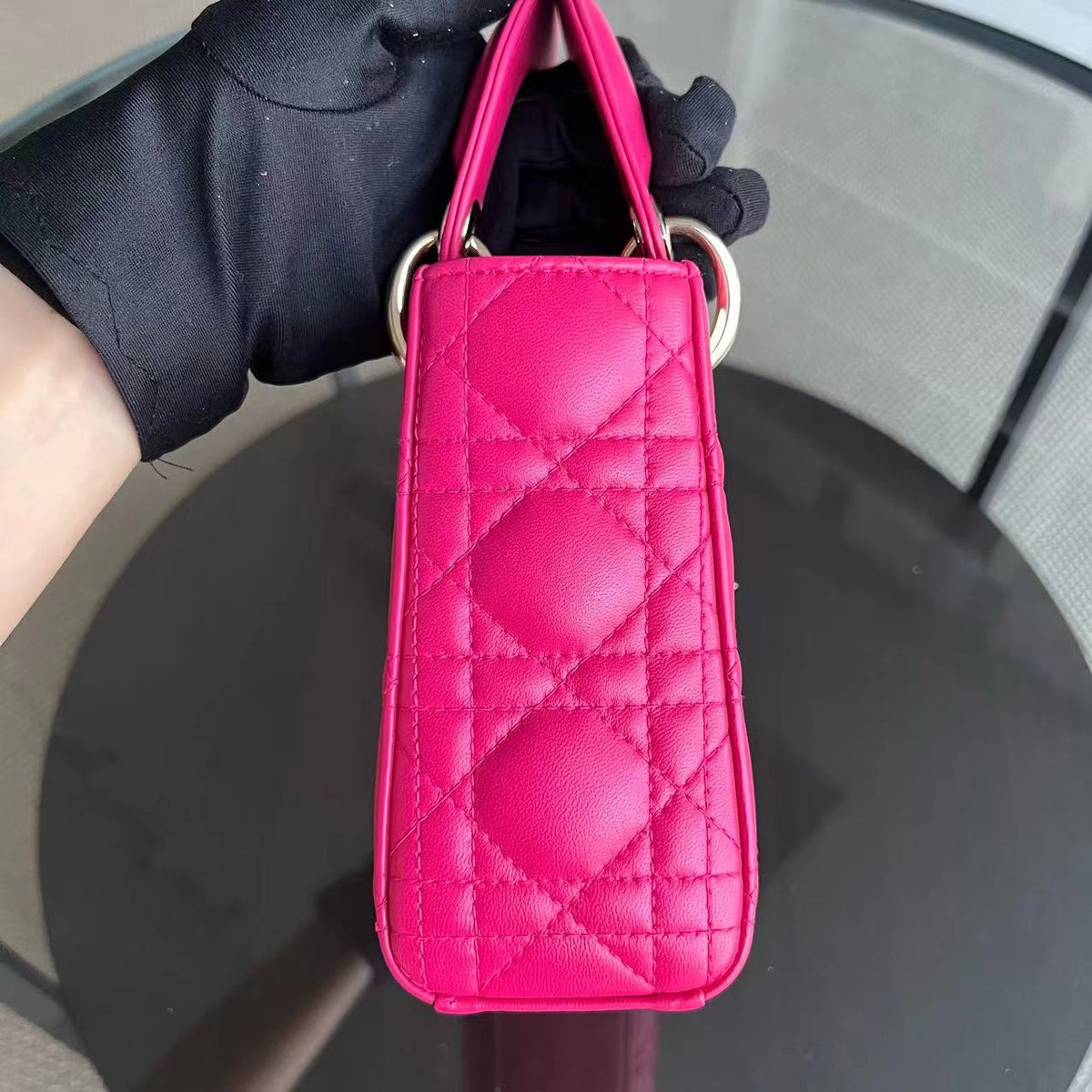 Lady Mini Lambskin Cannage Hot Pink Golden Hardware
