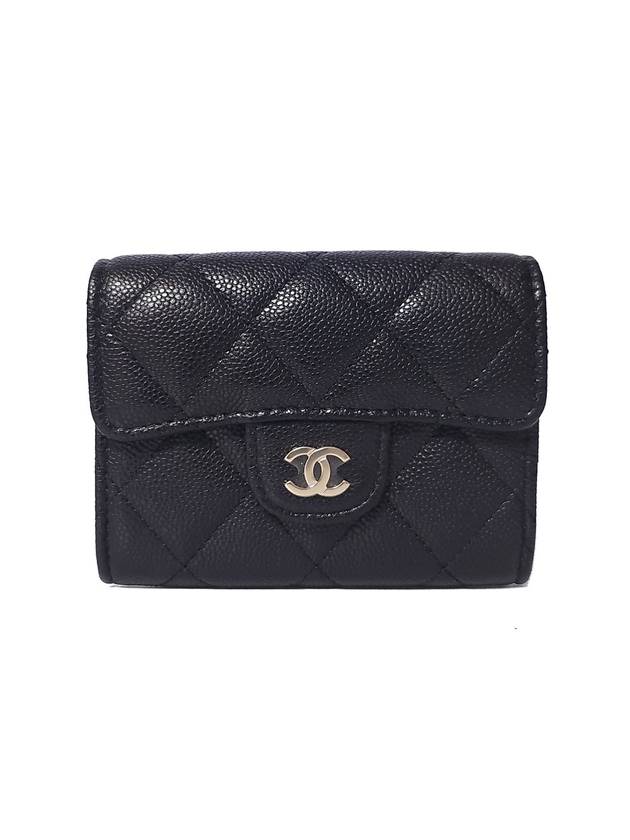 Classic Grained Calfskin Card Wallet Gold Black Chanel