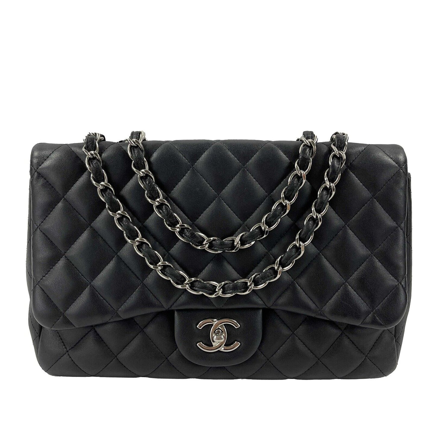 CHANEL - Jumbo Classic Flap CC Quilted Black Lambskin Shoulder Bag / Crossbody