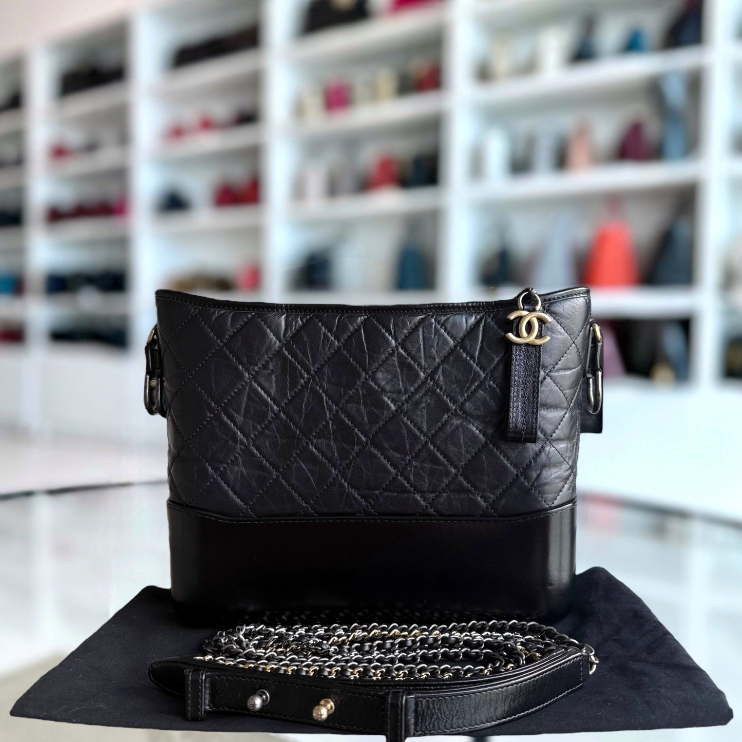 Chanel Gabrielle Medium - Quilted Calfskin Black Two-tone Gold Hardware Series 25