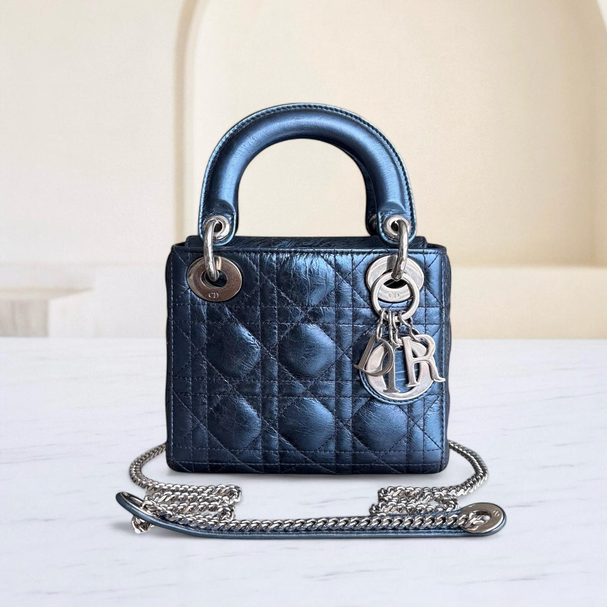 Dior Lady Mini - Cannage Glazed Calfskin Metallic Blue Silver Hardware