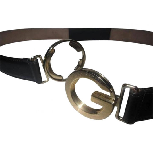 Gucci Black Leather Belt Gold Round G Buckle