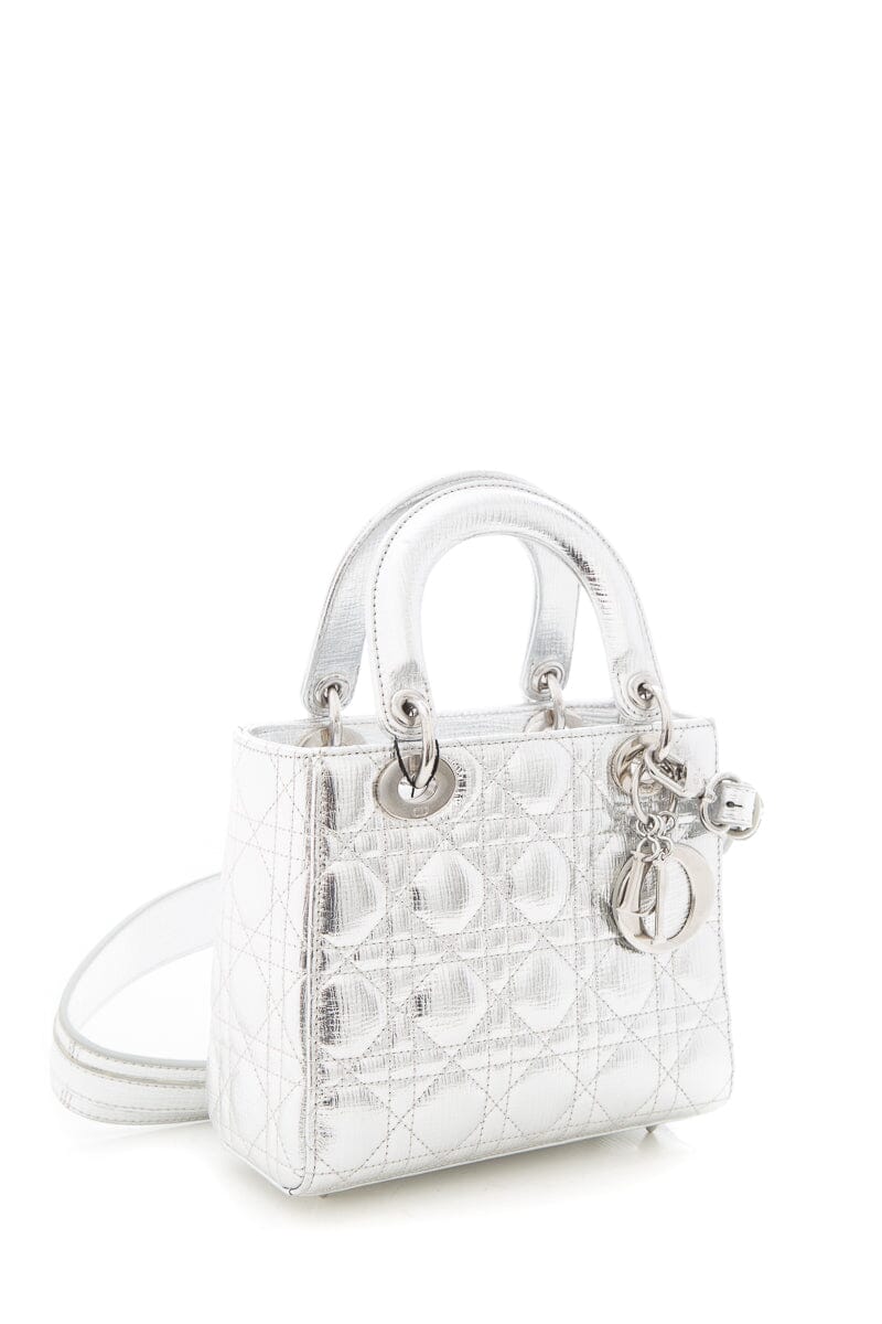 Dior Lady Dior Metallic Silver Grained Cannage with Lucky Badges HandBag