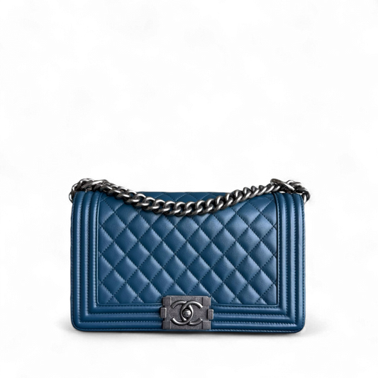 Chanel Boy Medium - Calfskin 25CM Quilted Blue Ruthenium Silver Hardware Series 26