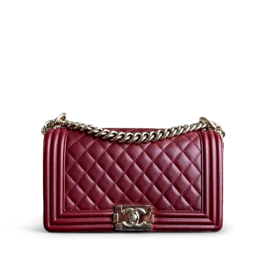 Chanel Boy Medium - 25CM Quilted Lambskin Burgundy Red Gold Hardware Series 22