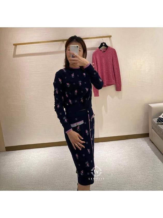 Flower CC Logo Cashmere Knit Top Navy Blue Chanel