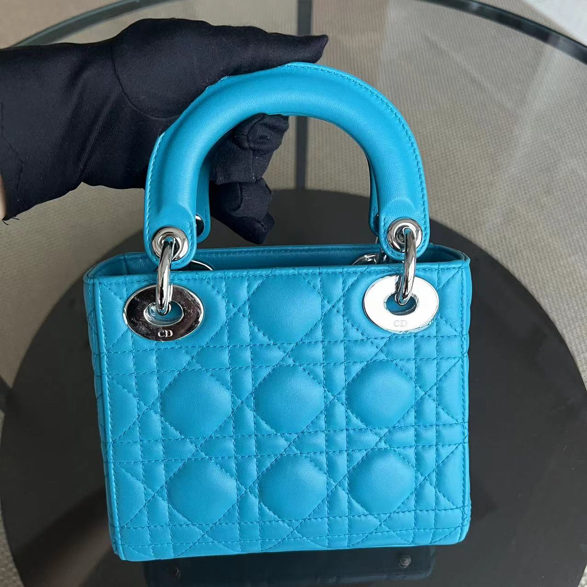 Balance of Lady Mini Cannage Lambskin Cyan Blue Silver Hardware