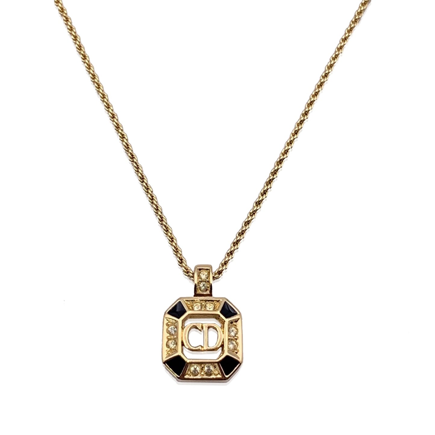CHRISTIAN DIOR Vintage Black Enamel Gold Metal Cd Pendant Necklace