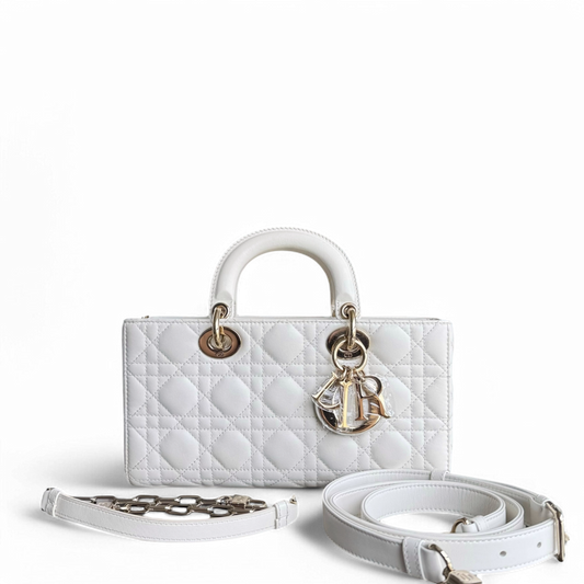 Dior D-joy Medium - Cannage Lambskin White Gold Hardware