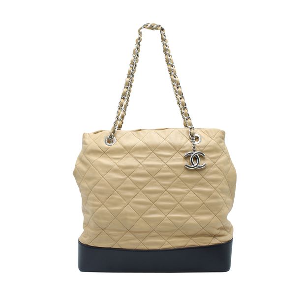 CHANEL Light Brown And Black Quilted Tote Bag In Silver Hardware