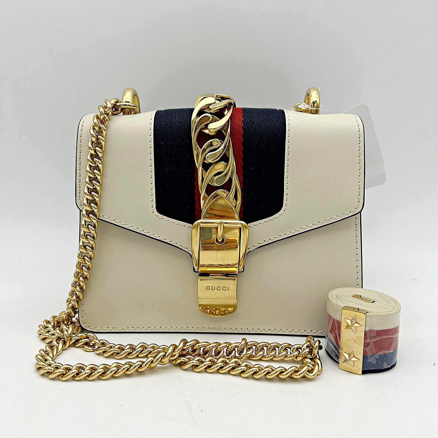 Gucci White Leather Vintage Web Mini Sylvie Chain Shoulder Bag guht