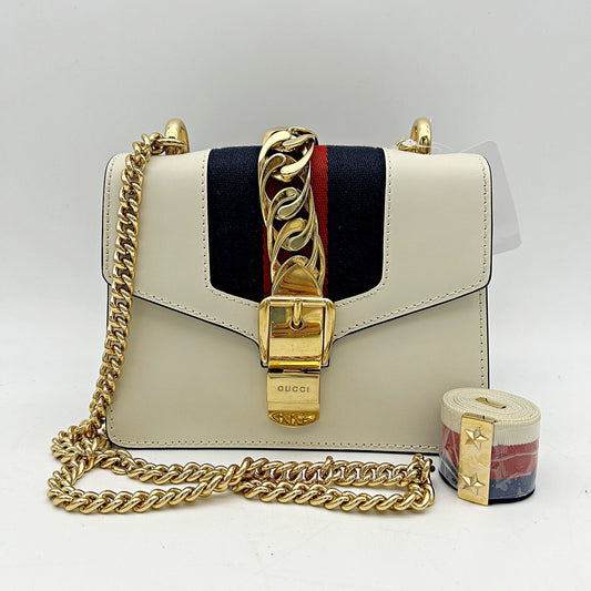 Gucci White Leather Vintage Web Mini Sylvie Chain Shoulder Bag guht