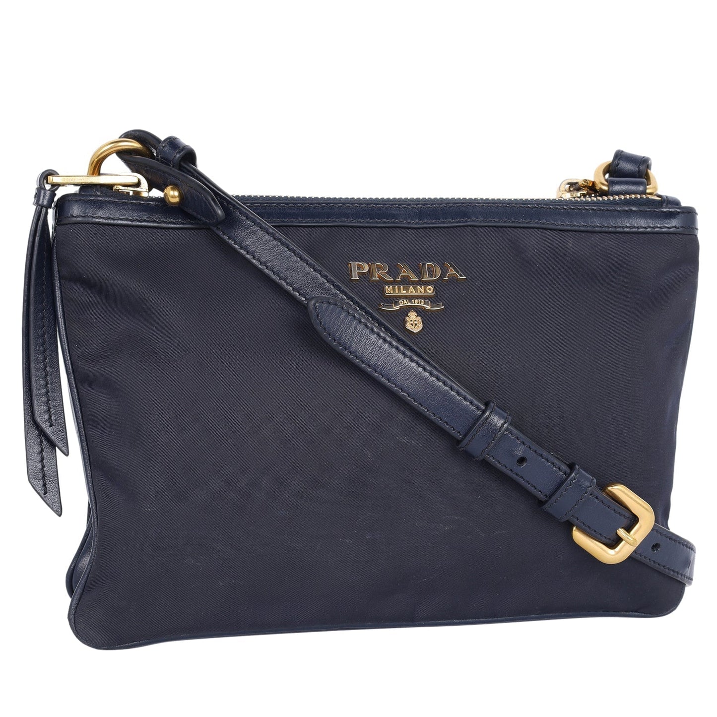 Tessuto Nylon Blue Double Zip Calf Leather Crossbody Bag ( )