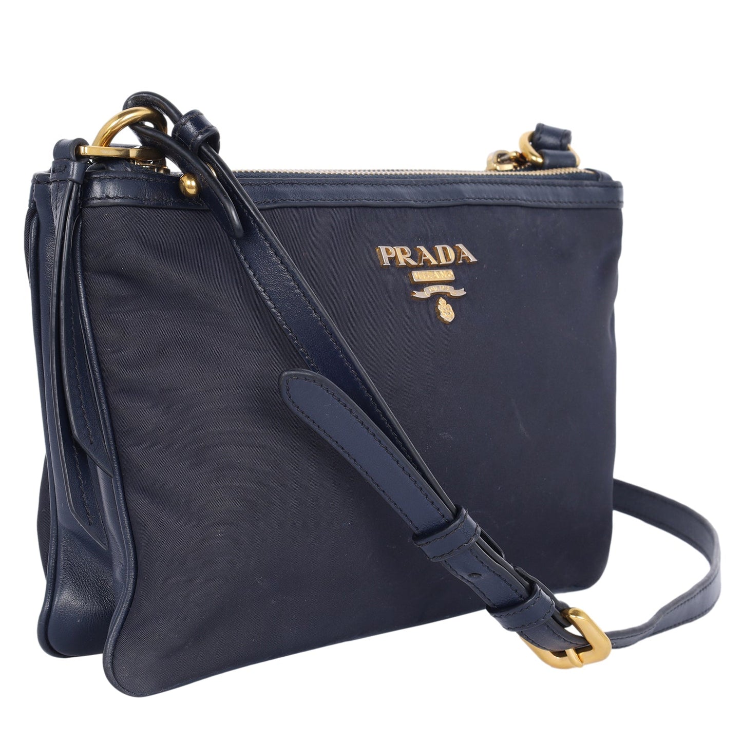 Tessuto Nylon Blue Double Zip Calf Leather Crossbody Bag ( )